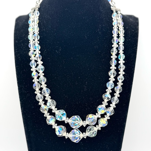 Vintage Jewelry - Vintage Double Strand Aurora Borealis AB Graduated Crystal Bead Necklace